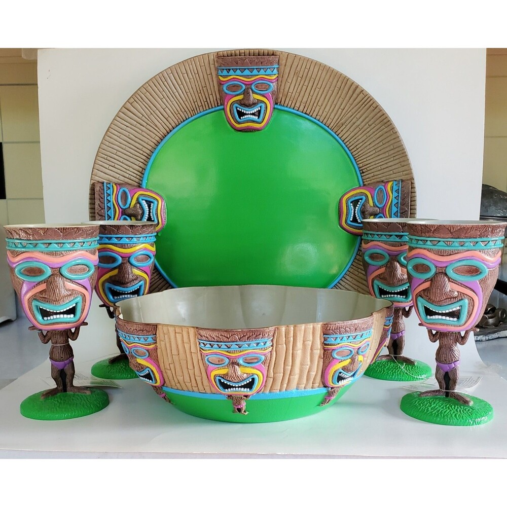 TIKI Serving Lg Platter,Bowl, 4 Goblets Set Polynesian Hawaiian Tropical Island